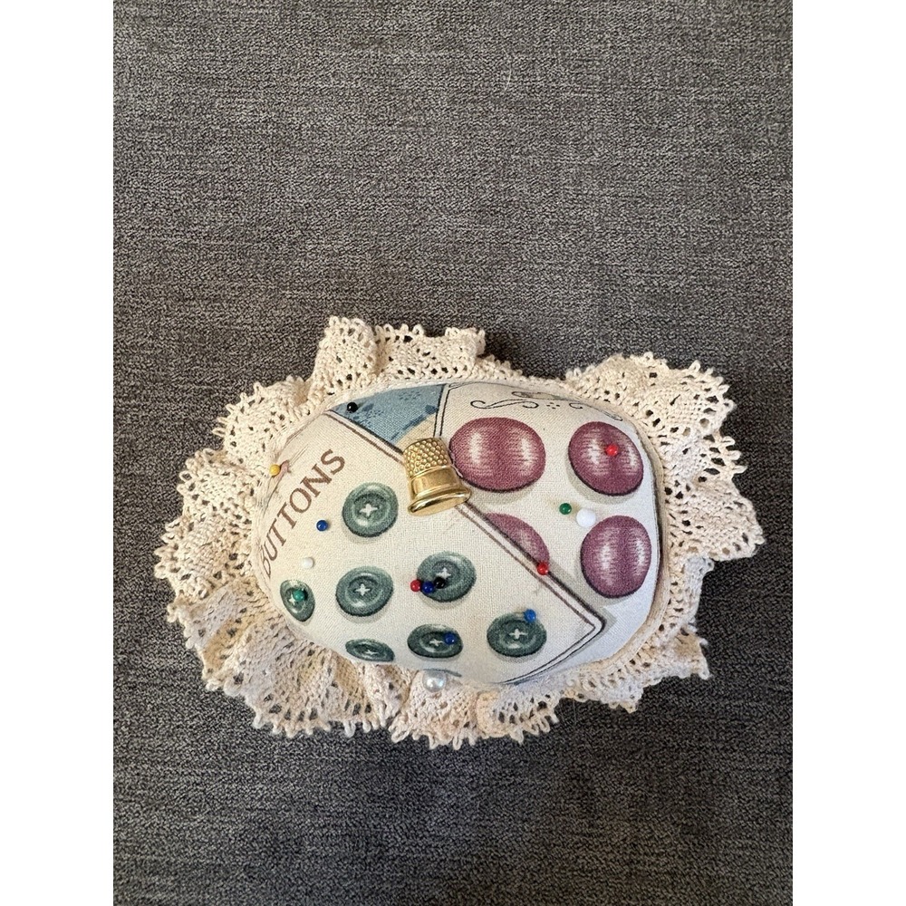 Vintage Pin Cushion; includes Pins, Button Themed With Lace Has A Button Thimble